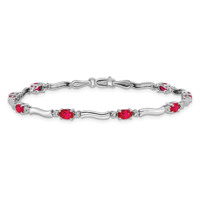 Oval Red Ruby & Diamond Prong 14K White Gold Wave Link Bracelet by Fine Color Jewels