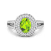 1.39 Ct Oval Green Peridot and White Diamond Prong Silver Double Halo Pave Ring