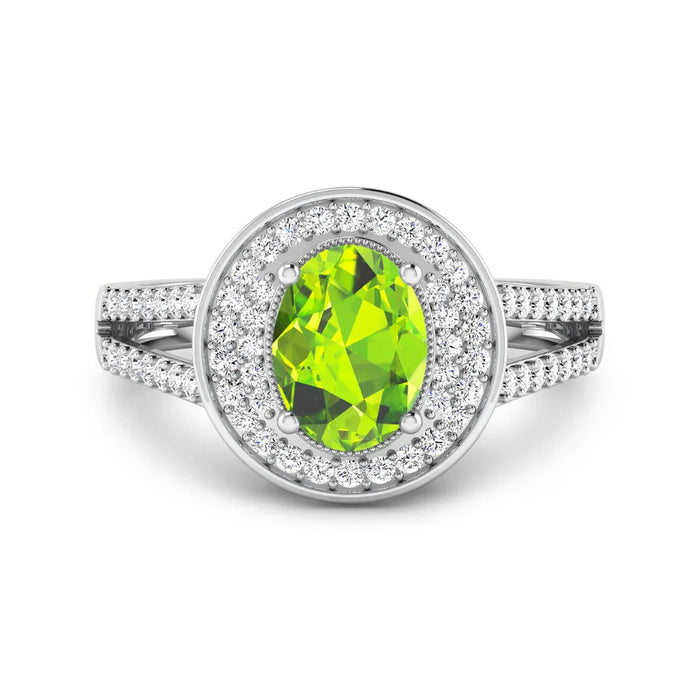 1.39 Ct Oval Green Peridot and White Diamond Prong Silver Double Halo Pave Ring by Fine Color Jewels