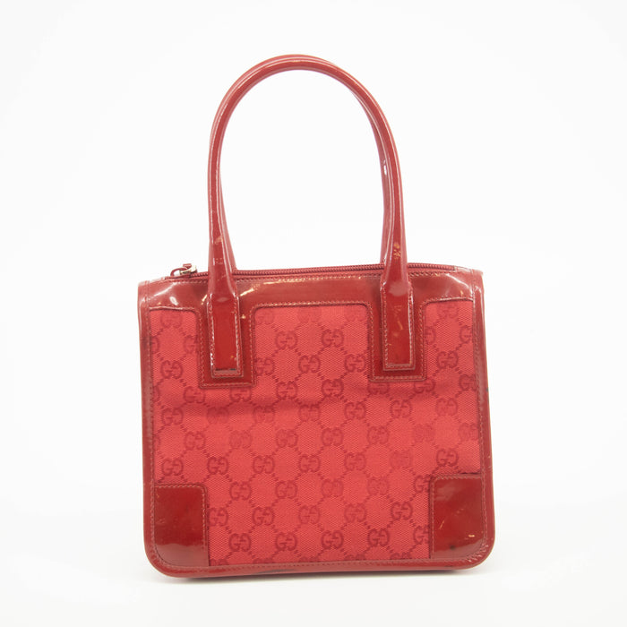 Gucci GG Canvas Red Patent Trimmed Square Tote Bag #3434 by Bolt Boutique