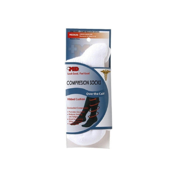 +MD Unisex Ribbed Compression Socks, Over the Calf, White, Medium – Graduated Compression for Circulation & Support (1 Pair) by Pasteur Pharmacy