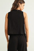 Crinkled Fabric Sleeveless Button Front Top | Black by Boutique 23