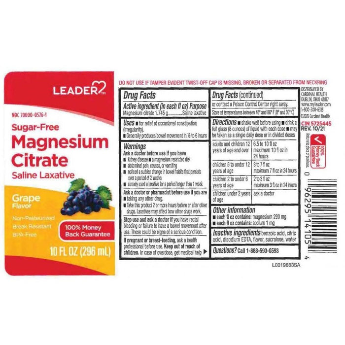 Leader Magnesium Citrate Saline Laxative, Sugar-Free Grape 10 Fl Oz 096295143119 by Pasteur Pharmacy