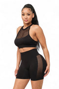 Front Fishnet Contrast Halter Top and Shorts Set by The House of Stylez