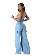 Denim Jean Sleeveless Cargo Jumpsuit by The House of Stylez