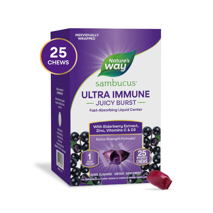 Nature's Way Sambucus Ultra Immune Juicy Burst Vitamins C D3 Elderberry Extract Berry Flavored Chews by Pasteur Pharmacy