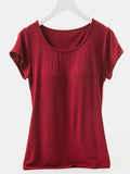 Round Neck Short Sleeve T-Shirt with Bra: Burgundy by Boutique 23