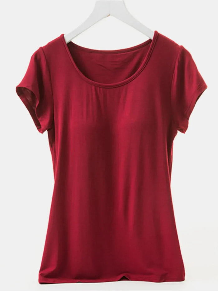 Round Neck Short Sleeve T-Shirt with Bra: Burgundy by Boutique 23