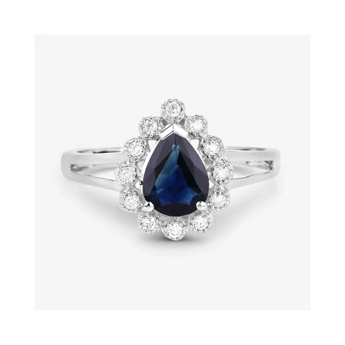1.34 Ct Pear Blue Sapphire Diamond V-Prong 10k Gold Halo Statement Ring by Fine Color Jewels