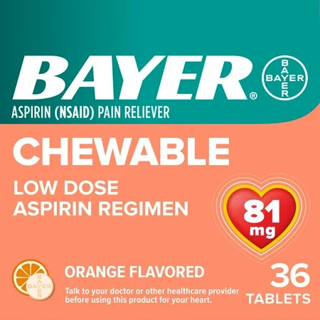 Bayer Chewable Aspirin Low Dose 81mg Orange Flavor 36 count by Pasteur Pharmacy