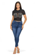 Mesh Front Denim Distressed Button Pockets Top {See Thru} by The House of Stylez