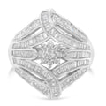.925 Sterling Silver 1-1/8 Cttw Round & Baguette Diamond 'Flower & Fern' Cluster Cocktail Fashion Ring (I-J Color, I2-I3 Clarity) - Size 6 by Bids.com