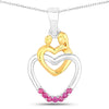 Round Pink Ruby Prong Silver Double Heart Pendant Necklace