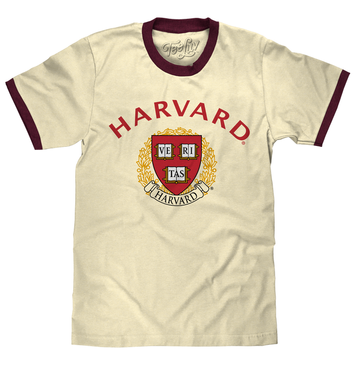 Harvard University Veritas Ringer T-Shirt - Natural Beige and Maroon by Tee Luv