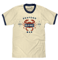 Old Bay Seafood Bar Lobster Logo Ringer T-Shirt - Beige and Navy by Tee Luv