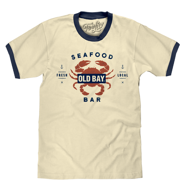 Old Bay Seafood Bar Lobster Logo Ringer T-Shirt - Beige and Navy by Tee Luv