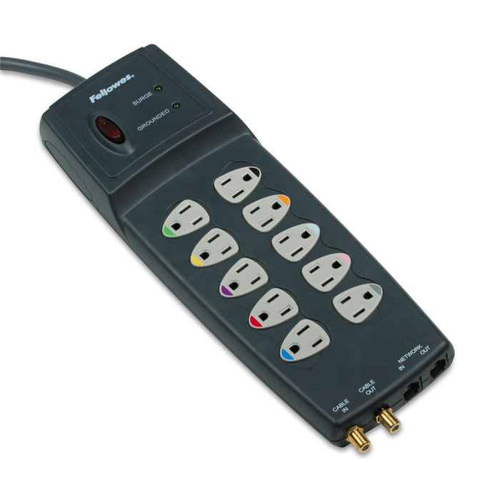 Fellowes Power Guard Surge Protector, 10 AC Outlets, 10 ft Cord, 3,300 J, Graphite Gray