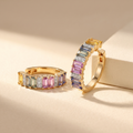 IGI Certified 2.10 Ct Multi Color Unheated Sapphire and Diamond 14K Yellow Gold Half Way Hoop Earrings by Fine Color Jewels