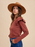 Soft Touch Striped Ruffle Shoulder Top - Brick Red by Boutique 23