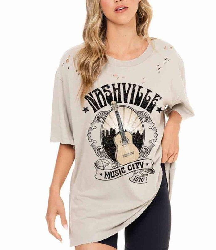 Oversized Nashville Music City Graphic Tee - Khaki by Boutique 23