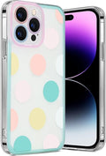iPhone 14 Pro Max Protection Kit Bundle - Polkadot Hybrid-Flex Hard Shell Case with Tempered Glass Screen and Camera Protector (Clear/Pink/Teal) by Zerodamage Sahara Case LLC