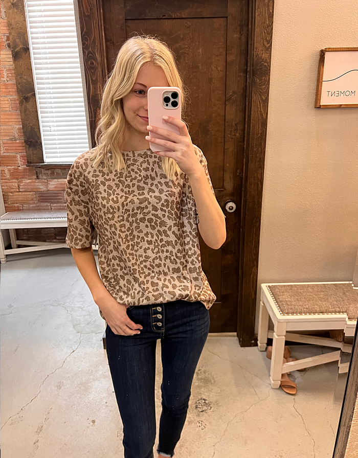 Round Neck Short Sleeve T-Shirt - Khaki Leopard by Boutique 23