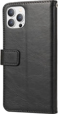 iPhone 14 Pro Max Protection Kit Bundle - Leather Folio Wallet Case with Tempered Glass Screen and Camera Protector (Black) by Zerodamage Sahara Case LLC