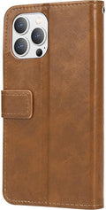 iPhone 14 Pro Max Protection Kit Bundle - Leather Folio Wallet Case with Tempered Glass Screen and Camera Protector (Brown) by Zerodamage Sahara Case LLC