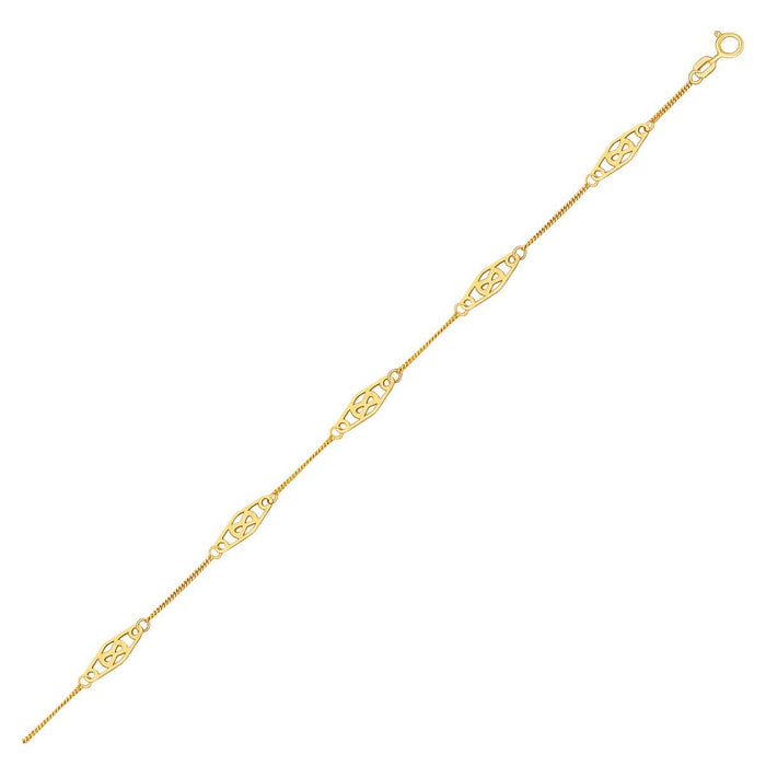 14k Yellow Gold Anklet with Fancy Diamond Shape Filigree Stations by Bids.com
