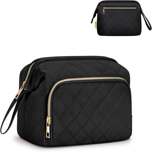 Wide-open Quilted Travel Makeup Organizer Bag with Handle: Black by Boutique 23