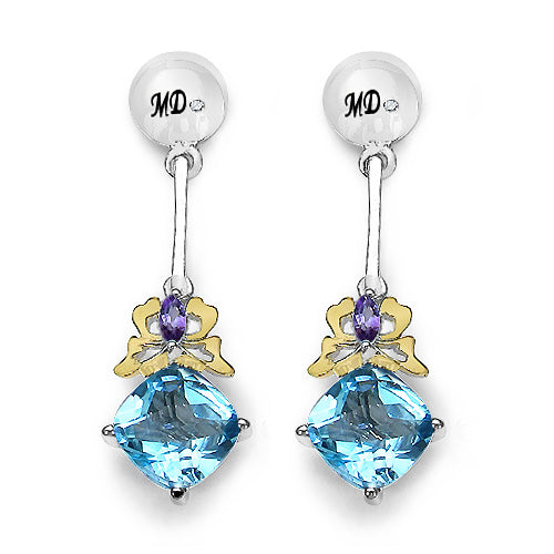 5.55 Carat Genuine Blue Topaz, Amethyst & White Diamond .925 Sterling Silver Earrings by Bids.com