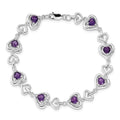 Heart Purple Amethyst & Diamond Prong Sterling Silver Heart Link Bracelet by Fine Color Jewels