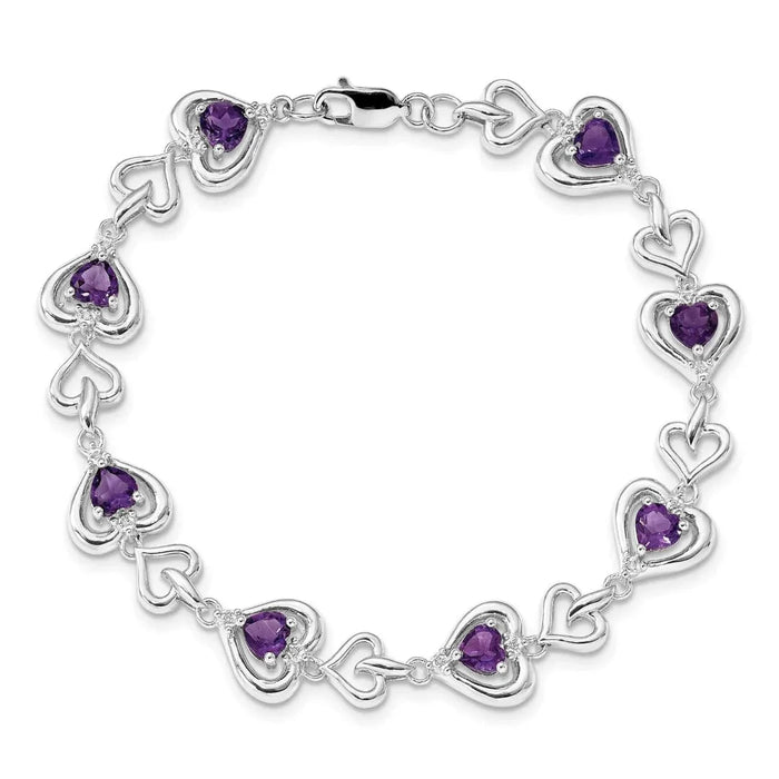 Heart Purple Amethyst & Diamond Prong Sterling Silver Heart Link Bracelet by Fine Color Jewels