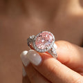 3Cttw Oval Shaped Pink Lab Grown Diamond (F/VS) Three Stone Halo Engagement Ring 14K Gold by Fine Color Jewels