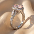3Cttw Oval Shaped Pink Lab Grown Diamond (F/VS) Three Stone Halo Engagement Ring 14K Gold by Fine Color Jewels