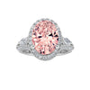 3Cttw Oval Shaped Pink Lab Grown Diamond (F/VS) Three Stone Halo Engagement Ring 14K Gold