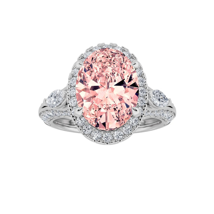 3Cttw Oval Shaped Pink Lab Grown Diamond (F/VS) Three Stone Halo Engagement Ring 14K Gold by Fine Color Jewels