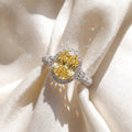 3Cttw Oval Shaped Yellow Lab Grown Diamond (F/VS) Three Stone Halo Engagement Ring 14K Gold by Fine Color Jewels