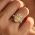 3Cttw Oval Shaped Yellow Lab Grown Diamond (F/VS) Three Stone Halo Engagement Ring 14K Gold by Fine Color Jewels