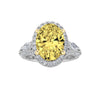 3Cttw Oval Shaped Yellow Lab Grown Diamond (F/VS) Three Stone Halo Engagement Ring 14K Gold