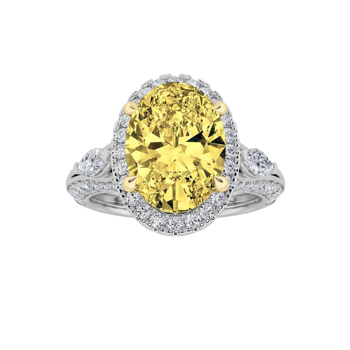 3Cttw Oval Shaped Yellow Lab Grown Diamond (F/VS) Three Stone Halo Engagement Ring 14K Gold by Fine Color Jewels