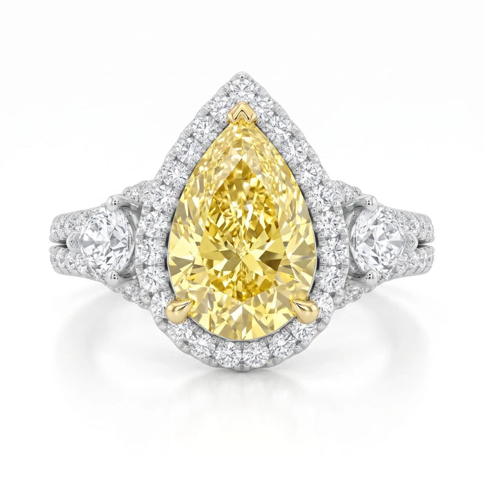 3Cttw Pear Shaped Yellow Lab Grown Diamond (F/VS) Three Stone Bold Accented Engagement Ring in 14K Gold by Fine Color Jewels