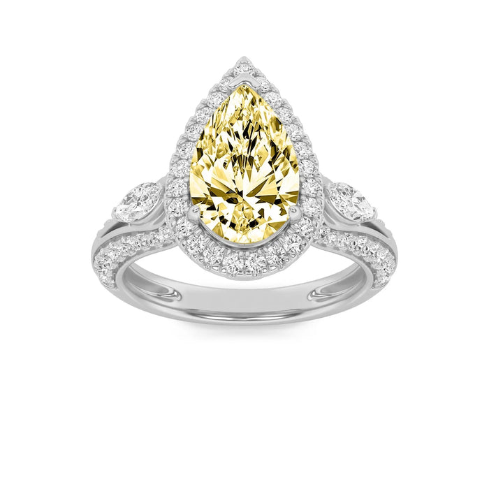 3Cttw Pear Shaped Yellow Lab Grown Diamond (F/VS) Three Stone Halo Enagement Ring 14K Gold by Fine Color Jewels