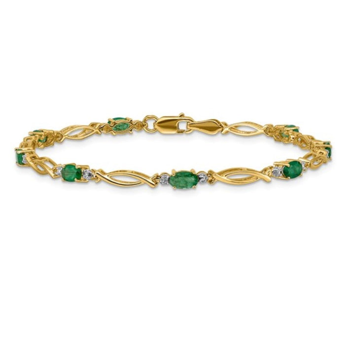 Oval Green Emerald & Diamond Prong 14K Yellow Gold Infinity Link Bracelet by Fine Color Jewels