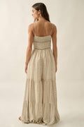 Geometric-Print Ruched Wide-Leg Tiered Ruffle Cami Jumpsuit: Oatmeal by Boutique 23