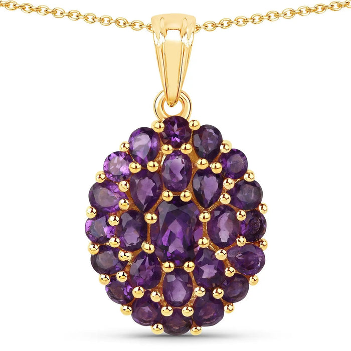 4.04 Ct Purple Amethyst Prong 18K Gold Plated Silver Cluster Pendant Necklace by Fine Color Jewels