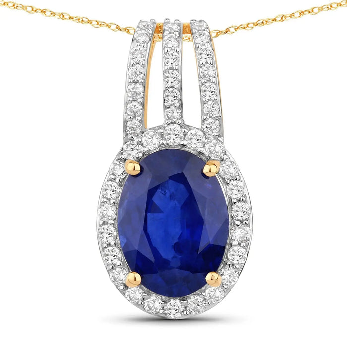 4.06 Ct Genuine Oval Ceylon Blue Sapphire and Diamond 18K Yellow Gold Statement Pendant by Fine Color Jewels