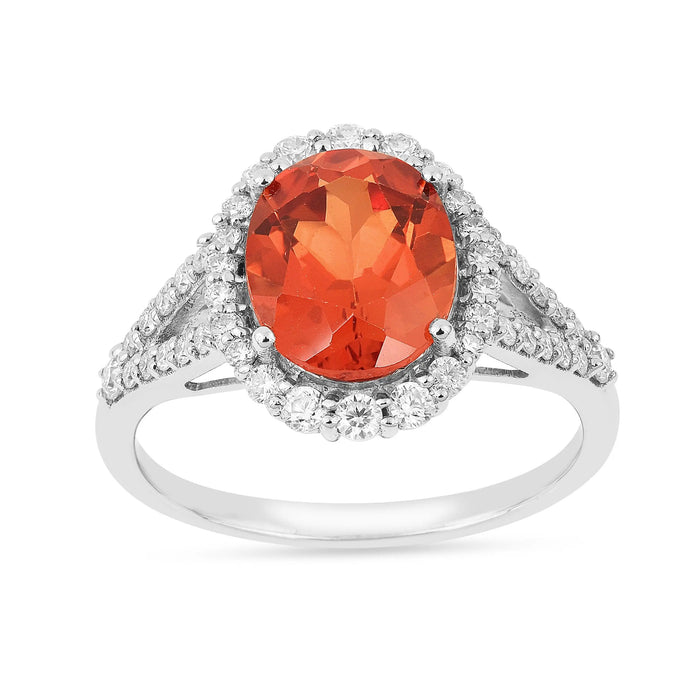 4.11 Ct Oval Lab Created Peach Sapphire and Moissanite Prong Silver Halo Statement Ring by Fine Color Jewels