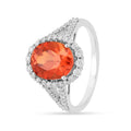 4.11 Ct Oval Lab Created Peach Sapphire and Moissanite Prong Silver Halo Statement Ring by Fine Color Jewels