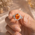 4.11 Ct Oval Lab Created Peach Sapphire and Moissanite Prong Silver Halo Statement Ring by Fine Color Jewels